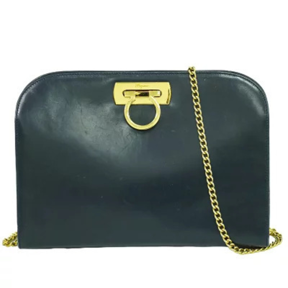 Salvatore Ferragamo Gancini Pouch Pochette Leather Shoulder Bag Navy Blue